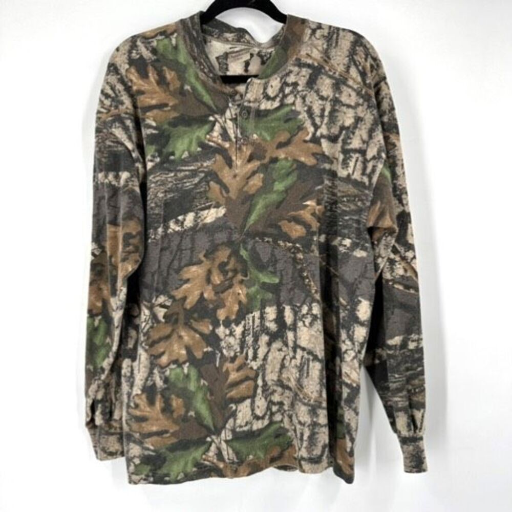 VINTAGE Jeezees Trebark Camo Shirt Large LS Henley Hunting Camouflage USA 90s